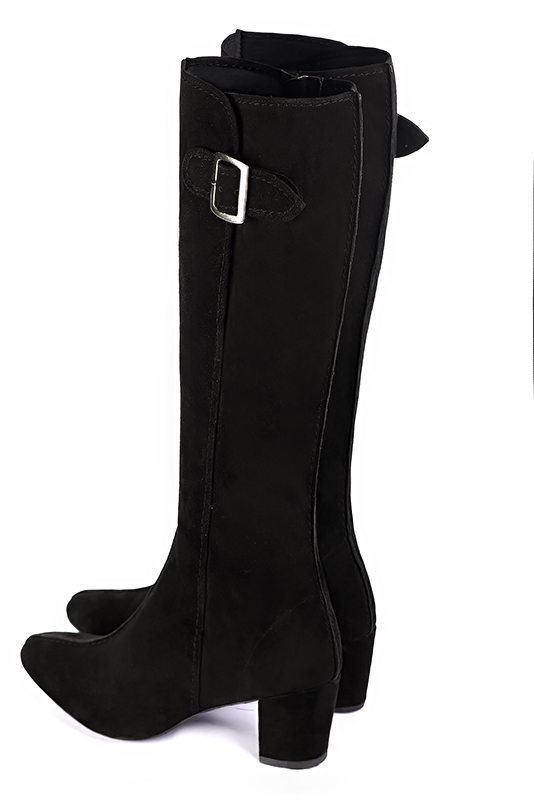 Matt black women's knee-high boots with buckles. Round toe. Medium block heels. Made to measure. Rear view - Florence KOOIJMAN